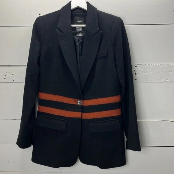 Smythe Black Fitted One Button Wool Blazer Stripe Tailored Wool Jacket Size 8 - Picture 1 of 8